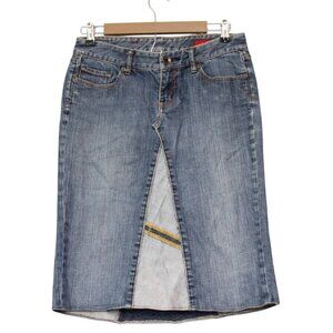 Y2K Denim Skirt Size 4 Knee Length Blue Patchwork Boho Festival Pockets